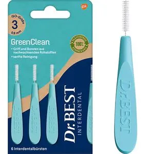 Dr.Best Interdentalbürsten GreenClean ISO 3, Ø 0,6mm - Interdentalzahnbürsten für mittlere Zahnzwischenräume, sanfte Reinigung mit 100% Rizinusöl-Borsten, ergonomischer Griff und hygienische Schutzkappe.