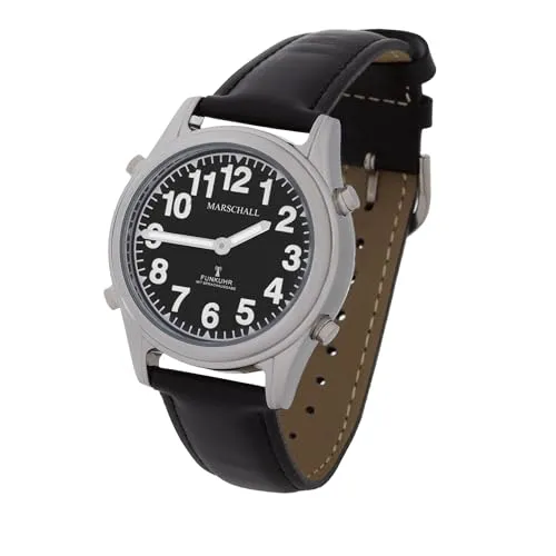 Marschall Deutsch sprechende Damen Funk-Armbanduhr I 1138SL I Für Blinde, Senioren und Sehbehinderte I Datum- und Zeitansage I Extra große Zeiger I Schwarzes Lederarmband