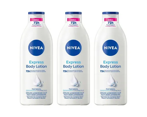 Nivea Body Lotion 72h schnelle Feuchtigkeitspflege 400ml 3er Pack - Duschlotionen & Duschgels, intensive 72h Feuchtigkeitspflege für alle Hauttypen, ideal für tägliche Anwendung und geschmeidige Haut.