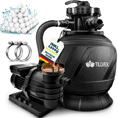 tillvex® Sandfilteranlage Pool AquaBlack Pro 13.200L/h bis 40.000L + 1200g Filterbälle | Filteranlage 7-Wege Ventil & 2in1 Adapter Ø32-38mm | Poolfilter Selbstansaugend | Sandfilter Schwimmbecken