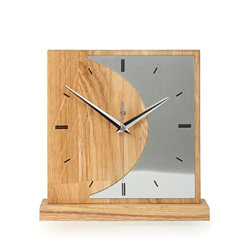 Kreative Feder Designer-STANDUHR „Silvermoon“ aus Eichenholz – analoge TISCHUHR ohne Tickgeräusche (leises Funkuhrwerk, Eiche)