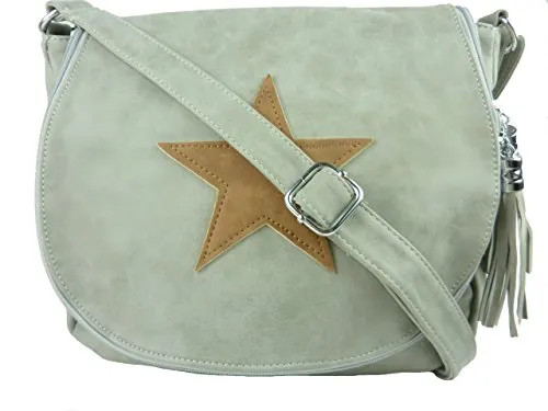 Schultertasche Stern - Damen Umhängetasche mit Stil - Leder Optik - 30 x 25 x 10 cm (grau hellgrau)