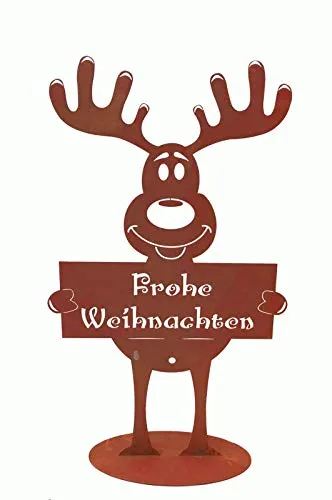 Dekofigur Elch mit Schild Frohe Weihnachten, Rost Design, Rostfigur für den Garten, Gartendeko