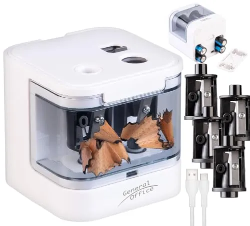 General Office Spitzer: Bleistiftspitzer, USB- & Batterie-Betrieb, 6-12 mm Ø Stifte, weiß (Bleistift Spitzer, Elektronischer, Pencil)