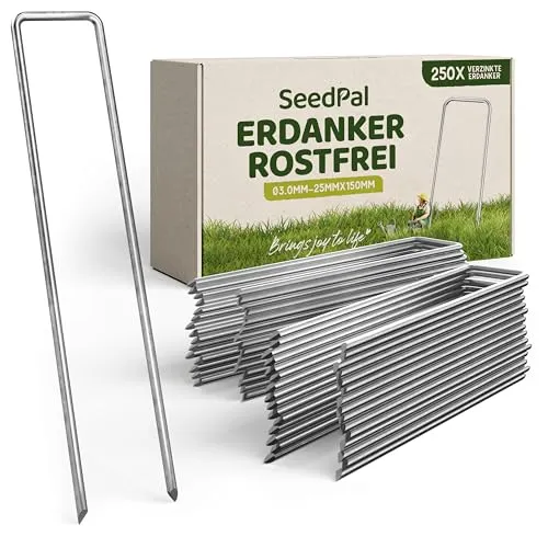 SeedPal Erdanker/Heringe Anti ROST - 250 Stück - rostfreie & verzinkte Bodenanker für Befestigung - 150mm*30mm*Ø3mm - Erdnägel/Bodenhaken aus Stahl - Bodenverankerung/Bodenbefestigung - SeedPal