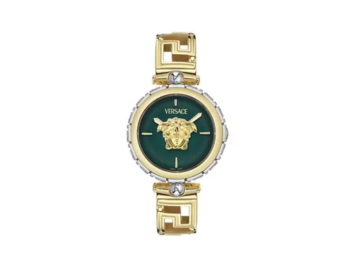 Versace Quarzuhr MEDUSA JEWEL VE0B00325 - Elegante Damenuhr mit Swiss Made Qualität, goldfarbenem Edelstahlarmband und spritzwassergeschütztem Saphirglas – perfekt für festliche Anlässe.