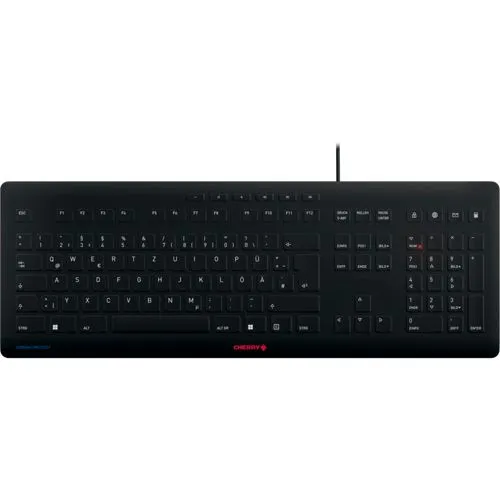 CHERRY Stream Protect Keyboard schwarz - spritzwassergeschützt, USB, DE Layout mit 10 Multimediatasten für sorgenfreies Tippen