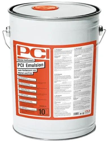 PCI Emulsion 10 kg - Fugenmörtel mit verbesserter Haftung und hoher Verschleißfestigkeit, ideal für anspruchsvolle Bauprojekte. Farbe: milchigweiß, 1-komponentig, Dichte: ca. 1,1 g/cm³.