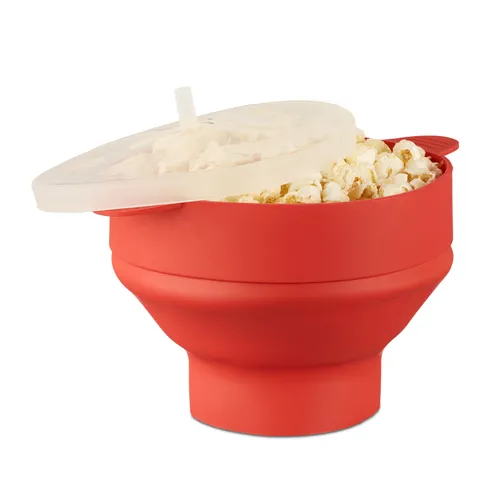 Faltbarer Popcornmaker aus Silikon - Hitzebeständig in Rot - Popcornmaschinen: Flexibler, hitzebeständiger Silikonbehälter für einfaches Popcorn zubereiten, ideal für Filmabende und Partys.