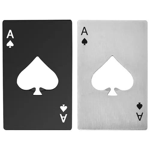WOLMIK 2 Stück Set Flaschenöffner, Pokerflaschenöffner, personalisierter lustiger Bierflaschenöffner, Edelstahl flach Casino Flaschenöffner, biergeschenke, Spaten Bieröffner, Silber & Schwarz