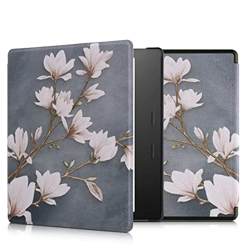 kwmobile Schutzhülle für Amazon Kindle Oasis 10. Generation Hülle - eReader Flip Case mit Auto Sleep Funktion - weiße Blumen mit Weiß Schwarz