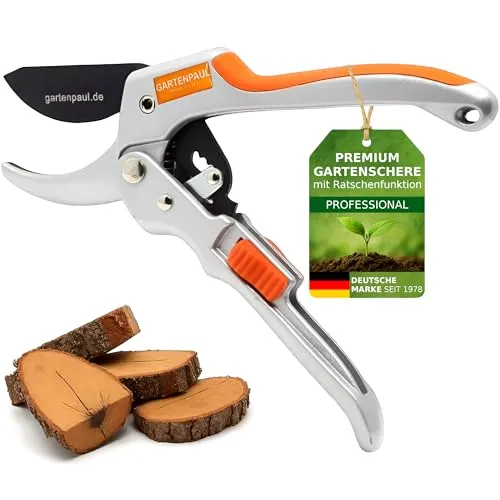 Gartenpaul Ratschen Gartenschere Premium - Baumscheren & Gartenscheren mit 30% mehr Kraft durch Ratschenfunktion für müheloses Schneiden von Holz und Pflanzen. Inklusive kostenlosem Klingenschleifservice für langlebige Nutzung.