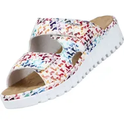 Rieker Pantoletten V1392-90, 35mm Absatz, Fußbett, Gr. 37 - Damen Pantolette mit Klettverschluss in buntem Design, ideal für warme Sommertage. Dank Rieker Antistress-Technologie bietet sie hohen Tragekomfort und optimale Fußanpassung.