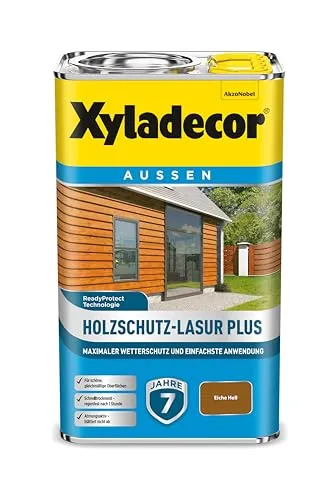 Xyladecor Holzschutz-Lasur Plus Eiche Hell, 2,5 l - Lacke mit bis zu 7 Jahren Wetterschutz, schnelltrocknend und atmungsaktiv für schöne, gleichmäßige Oberflächen.