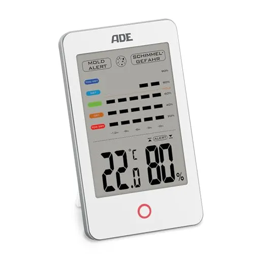 ADE Digitales Hygrometer mit Schimmelalarm  - Hygrometer mit visuellem Schimmelalarm, misst Luftfeuchtigkeit und Temperatur, großes LCD-Display für optimale Übersicht und einfache Montageoptionen.