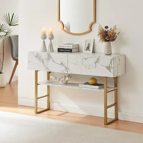 en.casa Konsolentisch »Varberg« mit 2 Schubladen - Konsolentisch in Marmoroptik, ideal für Flur oder Wohnzimmer. Mit höhenverstellbarer Ablage für zusätzlichen Stauraum und elegantem Design, das jeden Raum aufwertet.