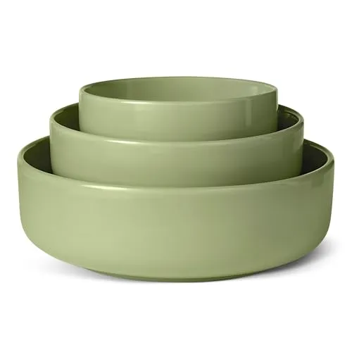 Amazon Basics Glasierte Steinzeug-Servierschalen, 3-teiliges Set, Spülmaschinenfest, Olivgrün