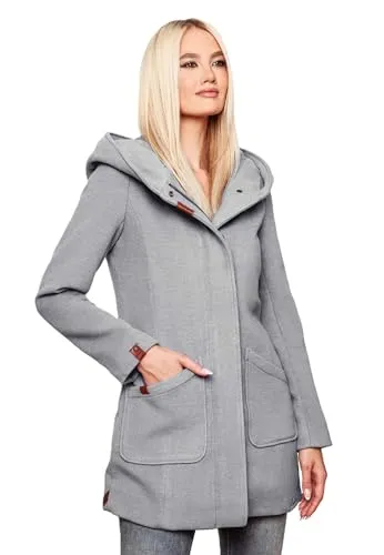 MARIKOO Damen Trenchcoat B819 – Wintermantel in Hellgrau - Funktionsjacken: Hochwertiger Damen Wintermantel von Marikoo, ideal für kalte Tage mit großer Kapuze, edler Glanz-Optik und praktischen Taschen.