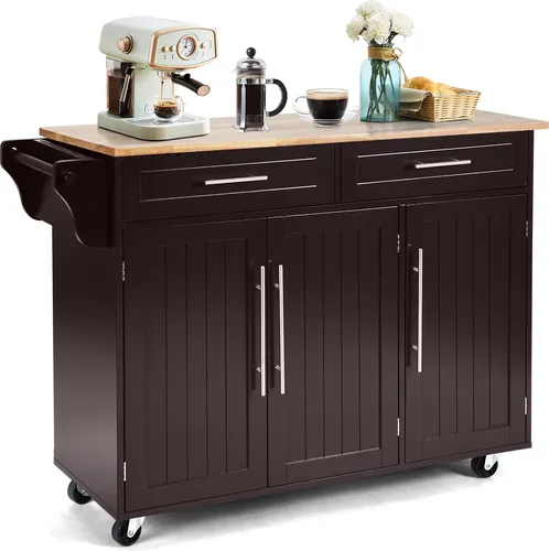 COSTWAY Küchenwagen auf Rollen, Servierwagen Küche mit Schubladen & Arbeitsplatte, Kücheninsel Buffetschrank Holz, Küchenschrank Braun
