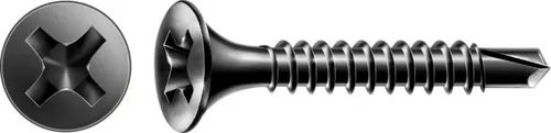 SPAX Trockenbauschraube GIX-D - Vollgewinde, Trompetenkopf, Kreuzschlitz, Bohrspitze, Schwarz Gewindeform: Vollgewinde|Schraubenlänge in mm: 35 mm|Kopfform: Trompetenkopf|Oberfläche: Phosphatiert schwarz|Inhalt / Paket: 1000 Stück