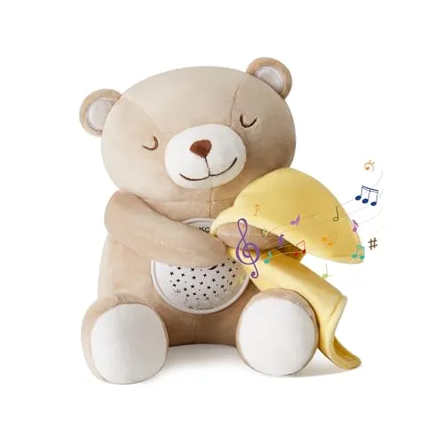 APUNOL Einschlafhilfe Babys Musik und Licht, Babys Nachtlicht Projektor Wiederaufladbar kinder Babyparty Geschenk Mädchen und Junge Spielzeug Teddy mit Weißes Rauschen, Weinen Erkennungs Sensor