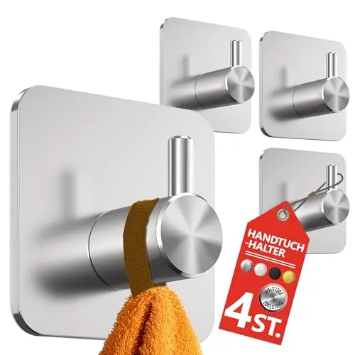 4smile Handtuchhalter ohne Bohren, 4 Stück in Silber - Wasserfeste Badezimmer Handtuchhalter, Edelstahl Haken, Klebehaken für Bad, Küche - Extra-starke Haken selbstklebend, Handtuchhaken