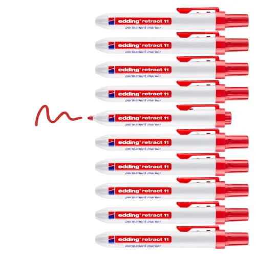 edding retract 11 Permanentmarker - rot - 10 Stifte - Rundspitze - Vielseitiger Permanentmarker in rot, ideal für Karton, Holz, Metall und mehr. Schnelltrocknend und wischfest, perfekt für präzises Arbeiten. 10 Stifte in einer praktischen Verpackung.