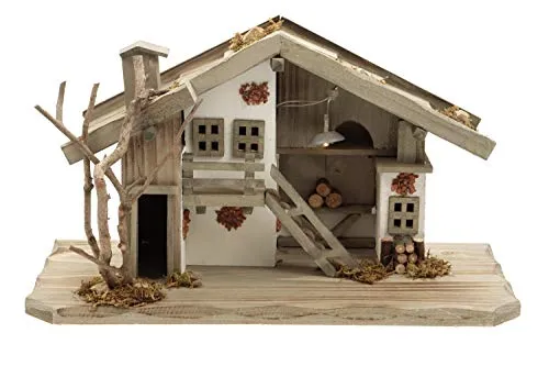 ELLUG Holz Krippenstall, Weihnachtskrippe mit Licht 38 * 18 * 21cm (OHNE Krippenfiguren)