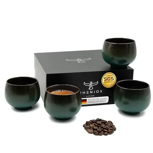 Pheniox | Cappuccino Tassen Set Jade | 4-teilig | 180 ml | hochwertige Kaffee Tassen aus Steingut | ohne Henkel | Geschenk in modernem Design | Espresso | Mokka | Cappuccino | Tee