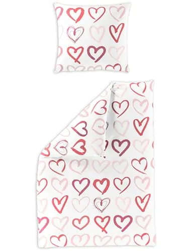 Bierbaum Mako Satin Bettwäsche 2 tlg. 135x200cm Herzen Rosa Rot Offwhite - Bettwäsche Set aus hochwertigem Mako Satin mit süßem Herzdesign, hautsympathisch und atmungsaktiv – für entspannte Nächte in stilvollem Ambiente.