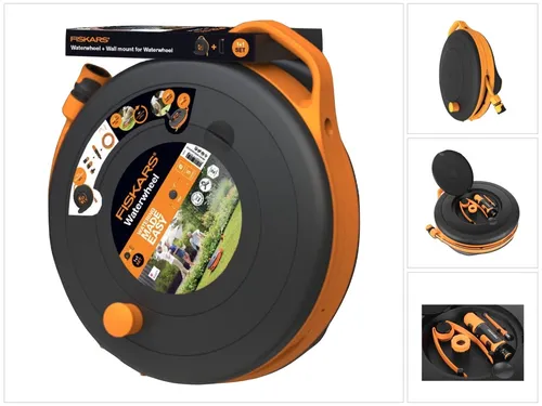 Fiskars Waterwheel S mit Wandhalterung - Schlauchwagen mit 15 m Gartenschlauch, 360° drehbar, ideal für die einfache Bewässerung von Gärten und Terrassen. Inklusive Wandhalterung für platzsparende Aufbewahrung.