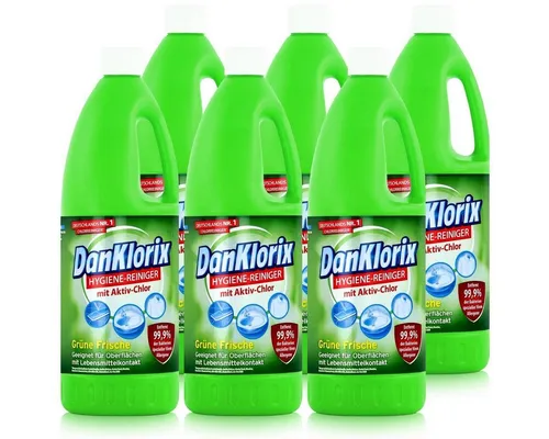 DanKlorix Hygiene-Reiniger Grüne Frische 1,5L - 6er Pack - Der DanKlorix Hygiene-Reiniger Grüne Frische sorgt für strahlende Sauberkeit und einen frischen Duft. Ideal für alle Oberflächen, die mit Lebensmitteln in Berührung kommen. Einfach in der Anwendung und effektiv gegen Schmutz!