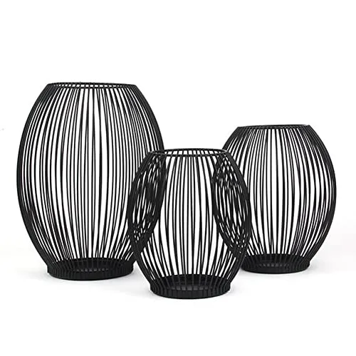 3er Oval Kerzenständer Set Metall Laterne Kerzenhalter Stabkerze Kerzenleuchter Kreativ Vintage Kerzen Ständer für Wohnzimmer Schlafzimmer Geburtstag Hochzeit Weihnachten Essen Tischdeko (Schwarz)