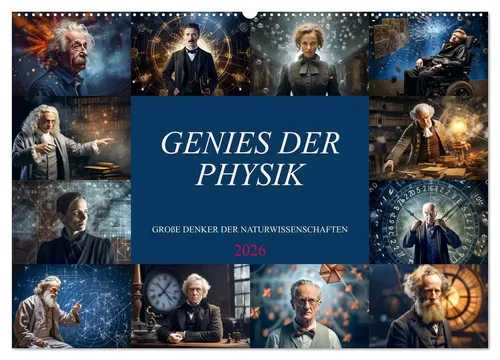 Genies der Physik Wandkalender 2026, CALVENDO - Entdecke die faszinierende Welt der Physik mit unserem inspirierenden Wandkalender! Ideal für Physikliebhaber, präsentiert er jeden Monat ein herausragendes Genie der Physikgeschichte.