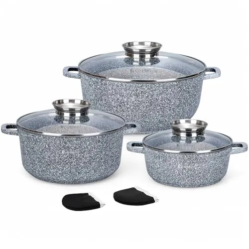 EliteHoff Kochtopf Set Induktion, Topf aus Aluminiumguss mit Antihaftbeschichtung, Topfset mit Glasdeckel für alle Herdarten inkl. Induktion, Gas, Elektro, Halogen, Keramik (Grau, 6-teilig)