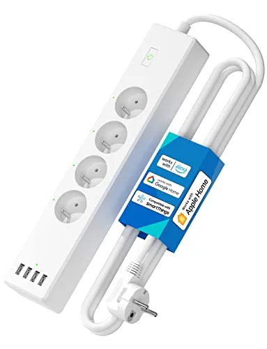 Intelligente Steckdosenleiste (Typ E), 16 A, WLAN-Steckdose, kompatibel mit Apple HomeKit, Alexa und Google Home (4 AC-Steckdosen und 4 USB-Ports), intelligente Steckdosenleiste mit Sprachsteuerung