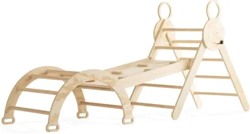 Buxibo Mini Klettergerüst – Holz Kletterbogen mit Rutsche und Rampe – Montessori Spielgerät für drinnen – 176x47x82 cm – Natur