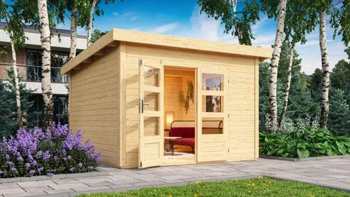 Karibu Gartenhaus Northeim 3 - Stabil und Vielseitig - Gartenhaus aus 38 mm nordischer Fichte mit Pultdach, ideal als zweites Heim im Garten. Mit Doppelflügeltür und optionalen Fenstern für viel Tageslicht.
