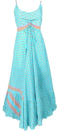 GURU SHOP Luftiges Maxikleid - Türkisblau, Damen Boho Sommerkleid - Freizeitkleider für Damen, perfekt für den Sommer mit verstellbaren Trägern und breitem Rüschensaum für eine feminine Silhouette.