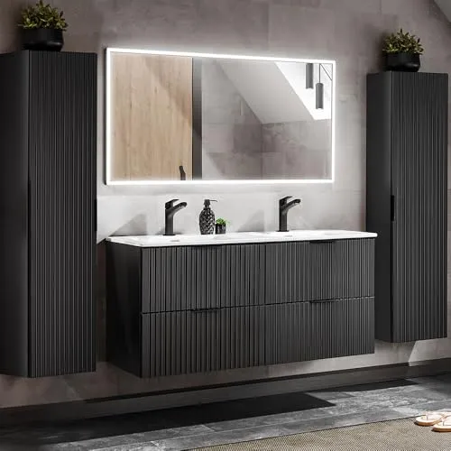 Lomadox Badezimmermöbel Set in matt schwarz - Komplett Set für Badezimmer mit 120cm Waschtisch, LED-Spiegel und 2 Hochschränken. Hochwertige Rillenoptik und Soft Close Funktionen für eleganten Komfort.