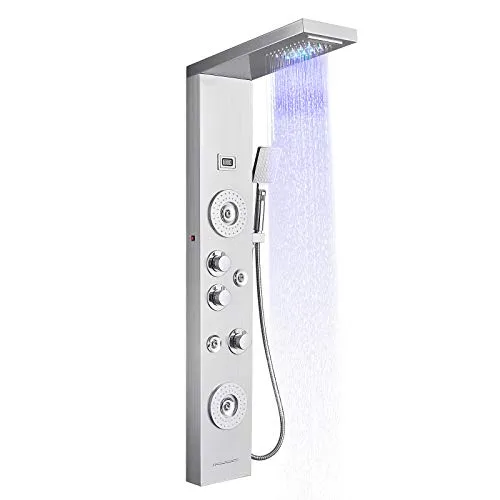 OUGOO LED Duschpaneel mit Armatur, 5 Funktionen Duschpaneele Komplett mit Temperaturanzeige, Regendusche, Wasserfalldusche, 2 Modi Massagedüsen, Handbrause und Wanneneinlauf, Edelstahl Panel Gebürstet