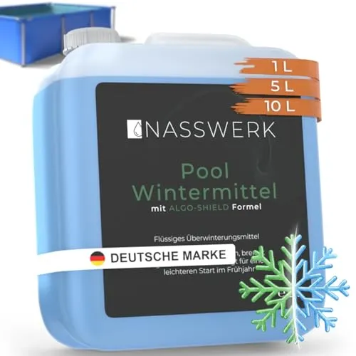 NASSWERK® Pool Wintermittel flüssig 5L - Hocheffektives Überwinterungsmittel - Algizide für Pool & Badewannen mit Sprudelfunktion, schützt zuverlässig vor Algen, Kalk & Schmutz mit nur einer Anwendung dank innovativer ALGO-SHIELD Formel.
