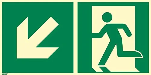 Notausgang Schild Links abwärts, Hart-PVC, 400 x 200 mm - Praktisches Rettungswegschild aus Hart-PVC mit glänzender Oberfläche. Ideal für Innen- und eingeschränkten Außeneinsatz, gemäß ASR A1.3 / ISO 7010. Qualität aus Deutschland für sichere Orientierung.