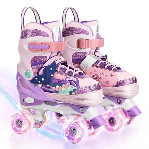 Rollschuhe für Kinder mit leuchtenden Rädern und 4 Größen einstellbar Quad Roller Skates für Mädchen und alle Anfänge (Pink, M)