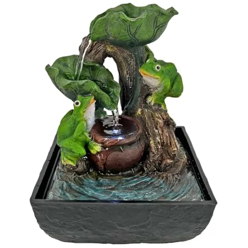 abc HOME Zimmerbrunnen Frösche - Elektrisch mit LED-Beleuchtung - Zimmerbrunnen für den Innenbereich aus Polyresin, mit eckigem Wasserbecken und stimmungsvollem LED-Licht, ideal für entspannende Atmosphäre in jedem Raum.