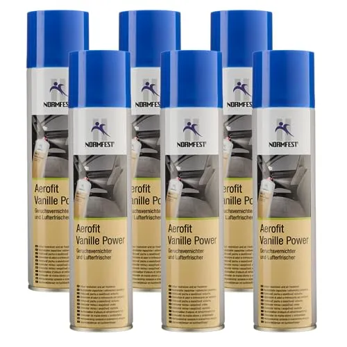 Normfest Aerofit Power Vanille – Geruchsvernichter & Lufterfrischer, neutralisiert zuverlässig Rauch, Tier- & Essensgerüche, Hochdrucksystem für langanhaltende Frische in Fahrzeugen & Räumen 6x 400ml