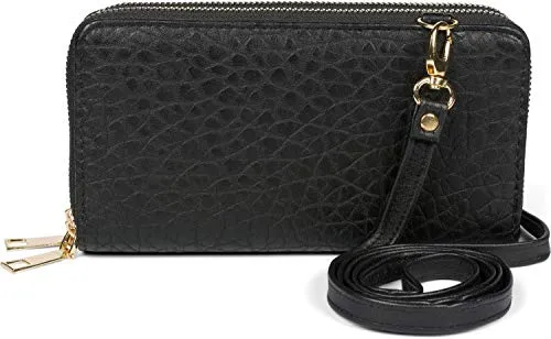 styleBREAKER Damen 2 in 1 Mini Bag Umhängetasche mit genarbter Oberfläche, Geldbörse, Handytasche, Schultertasche 02012364, Farbe:Schwarz