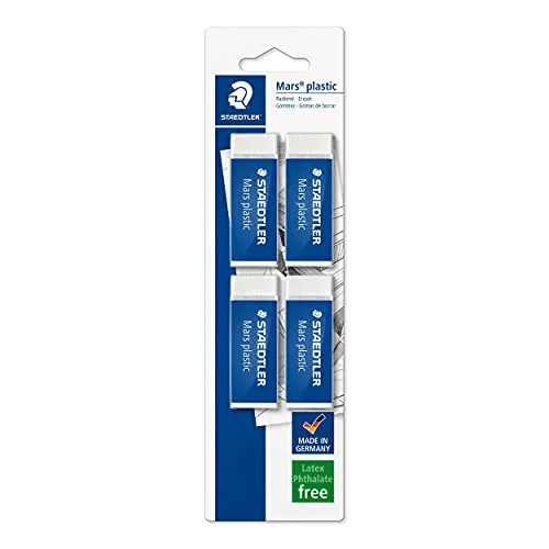STAEDTLER Mars 52650BK4DA Radiergummi Set - Premium-Radiergummis in Zellophan-Verpackung, geringe Krümelbildung und alterungsbeständig, ideal für präzise Radierergebnisse.