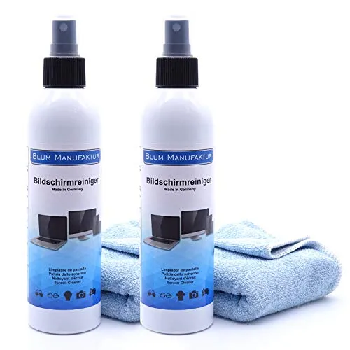 Blum Manufaktur Displayreiniger 2x250 ml - Bildschirmreinigung - PC-Reiniger - inkl. Mikrofasertuch 30 x 30 cm - vielseitig Einsetzbar - Made in Germany