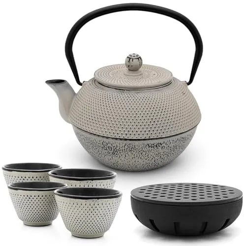 Bredemeijer Asia Teekanne Gusseisen Set 1.1 Liter - grauer Teekessel & Edelstahl-Filter-Einsatz für losen Tee & Teebecher (4 Tassen) & Stövchen (Teelicht)